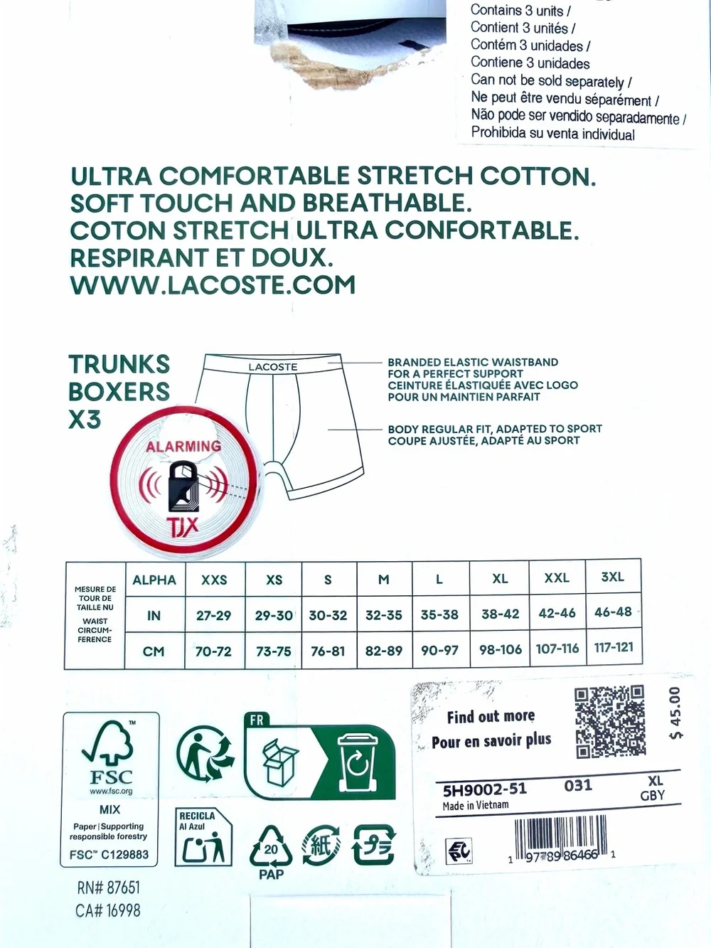 Lacoste 3 Pack Men’s Cotton Stretch Boxer Briefs Trunk Style. Size XL.  NEW